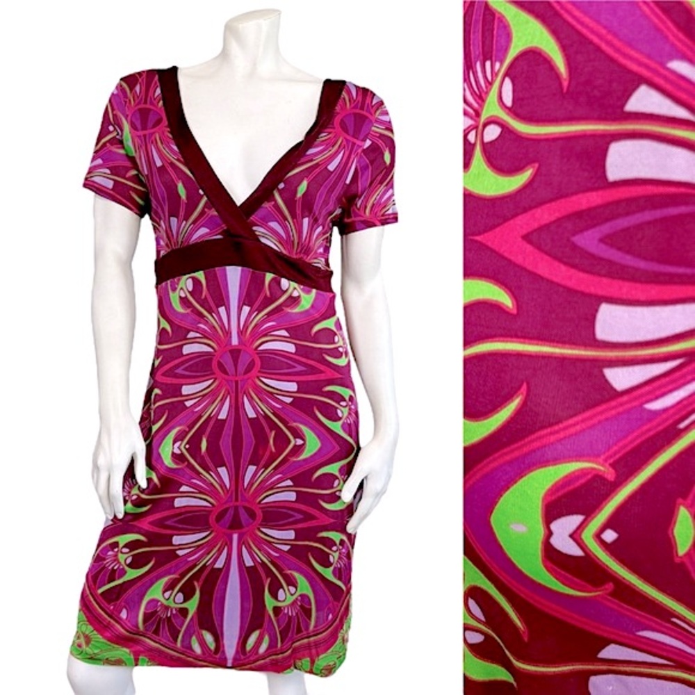 CUSTO BARCELONA Bold Pink & Green Kaleidoscope Print Stretch Mesh Mini Dress